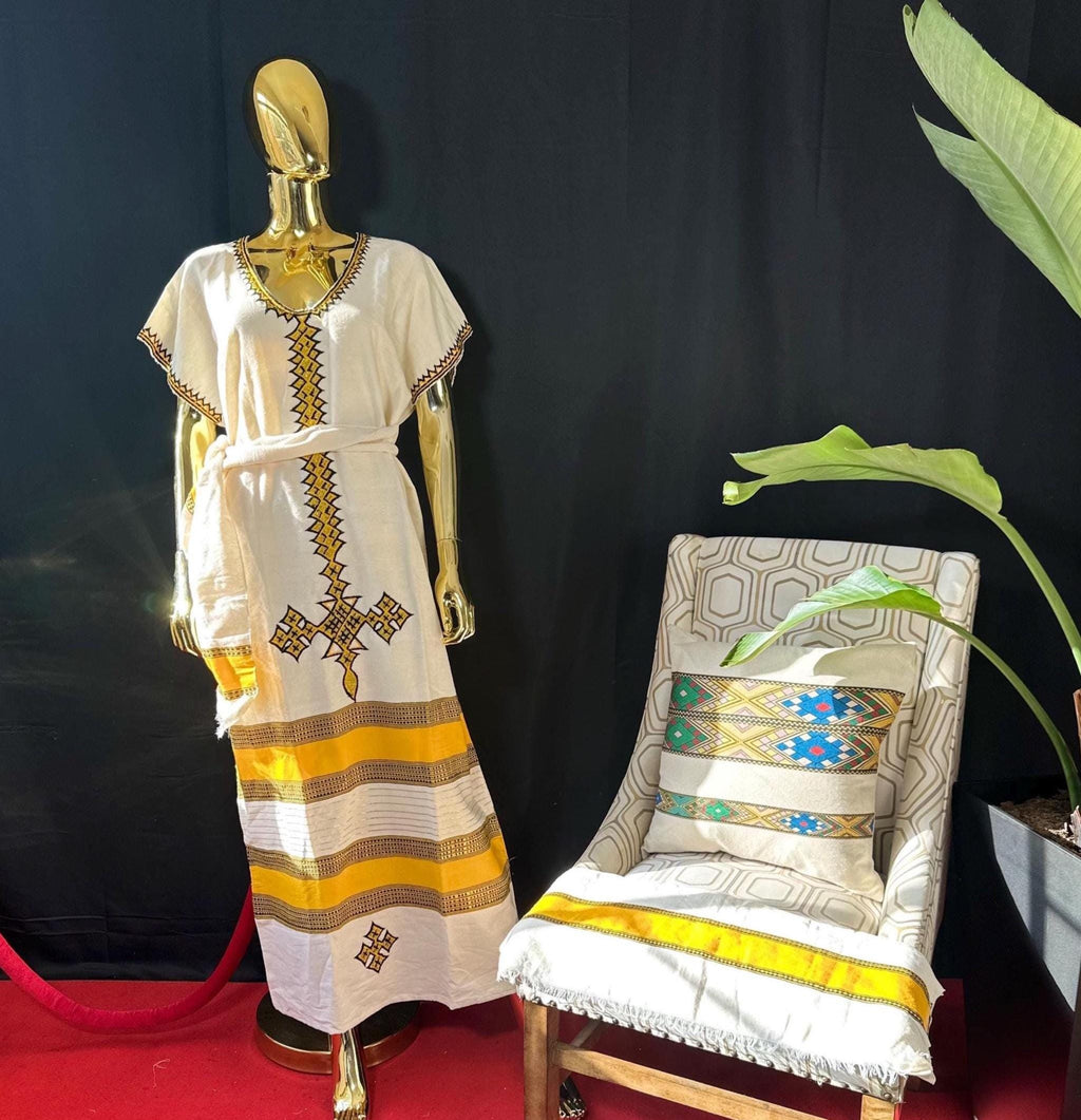 Buna Kemis, Cotton Traditional Women’s Outfit, Cultural Fashion Wear, Habesha Cotton Coffee Dress with Scarf & Belt - Heritage Celebration