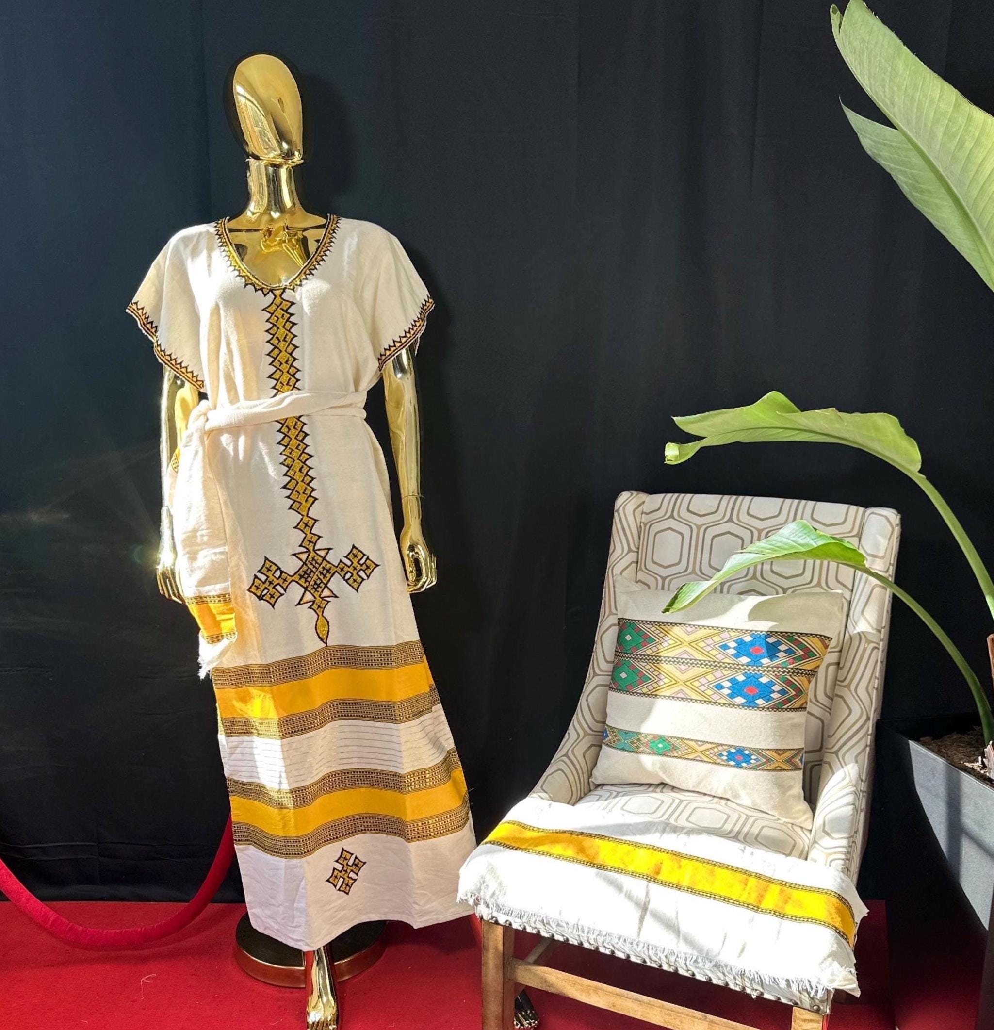 Buna Kemis, Cotton Traditional Women’s Outfit, Cultural Fashion Wear, Habesha Cotton Coffee Dress with Scarf & Belt - Heritage Celebration