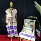 Buna Kemis, Cotton Traditional Women’s Outfit, Cultural Fashion Wear, Habesha Cotton Coffee Dress with Scarf & Belt - Heritage Celebration