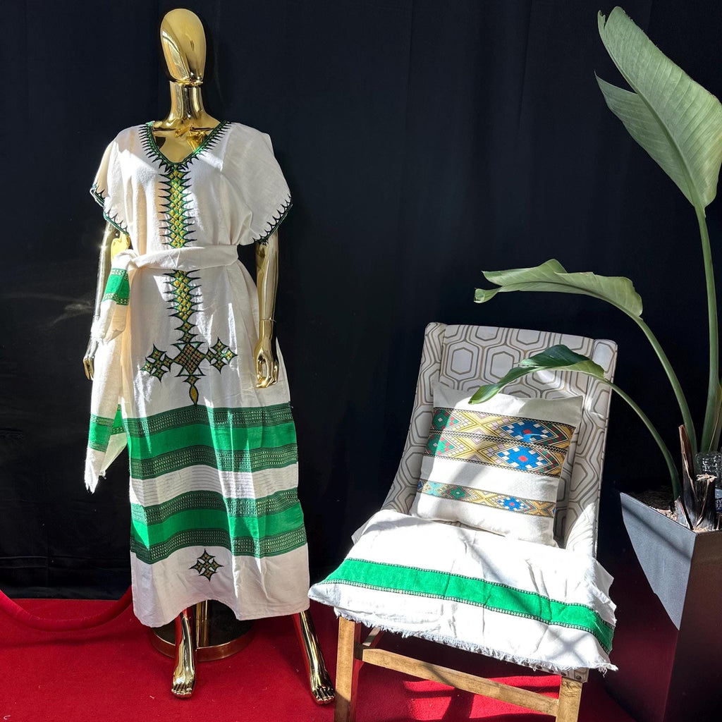 Buna Kemis, Cotton Traditional Women’s Outfit, Cultural Fashion Wear, Habesha Cotton Coffee Dress with Scarf & Belt - Heritage Celebration