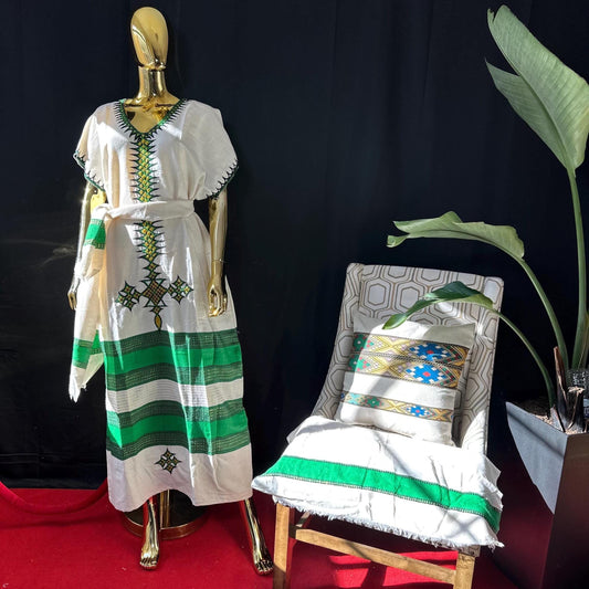 Buna Kemis, Cotton Traditional Women’s Outfit, Cultural Fashion Wear, Habesha Cotton Coffee Dress with Scarf & Belt - Heritage Celebration