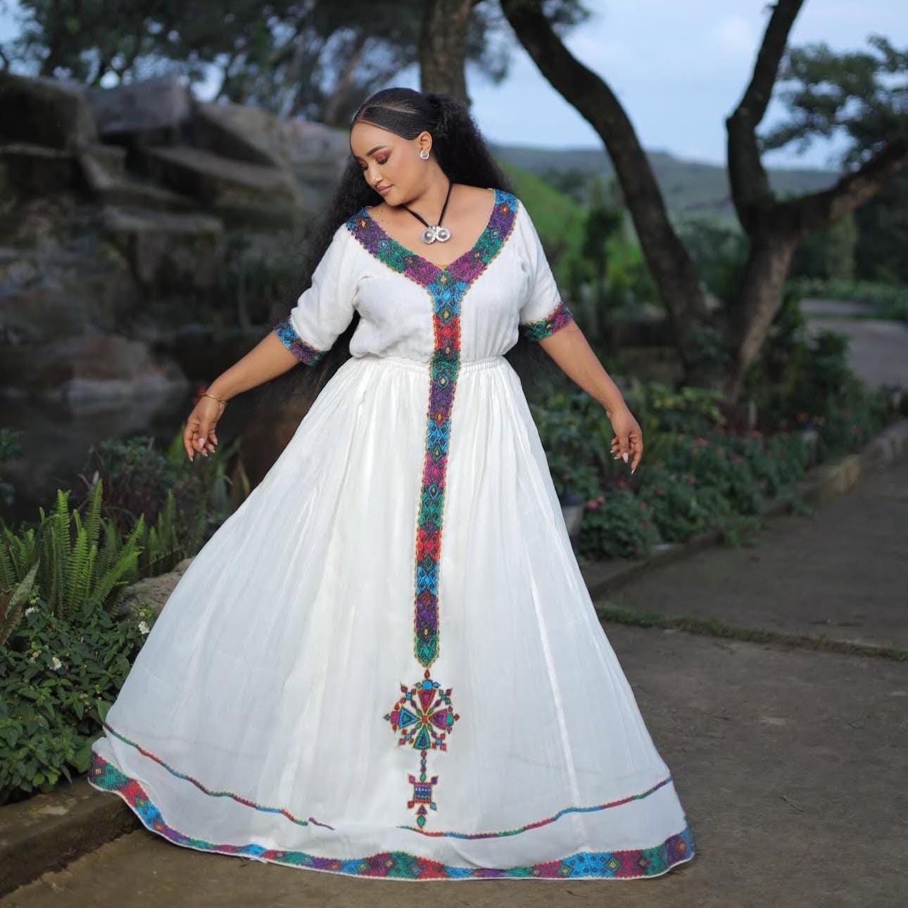 Handmade Zuria Habesha Kemis: Ethiopian Wedding Dress with Tibeb Embroidery, Traditional Women’s Cultural Attire, Modern Ethiopian Fashion
