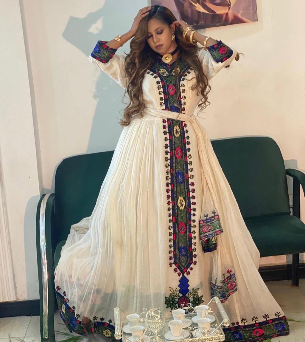 Habesha Kemis, Ethiopian Wedding Cultural Celebration Dress, with Tibeb Embroidery, Women’s Traditional Outfit