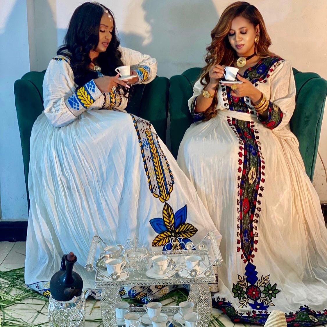 Habesha Kemis, Ethiopian Wedding Cultural Celebration Dress, with Tibeb Embroidery, Women’s Traditional Outfit
