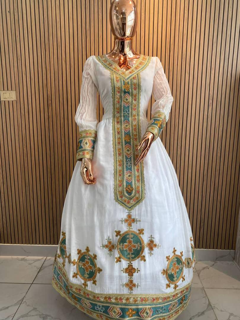 Handmade Habesha Kemis: Ethiopian Wedding Dress with Tibeb Embroidery