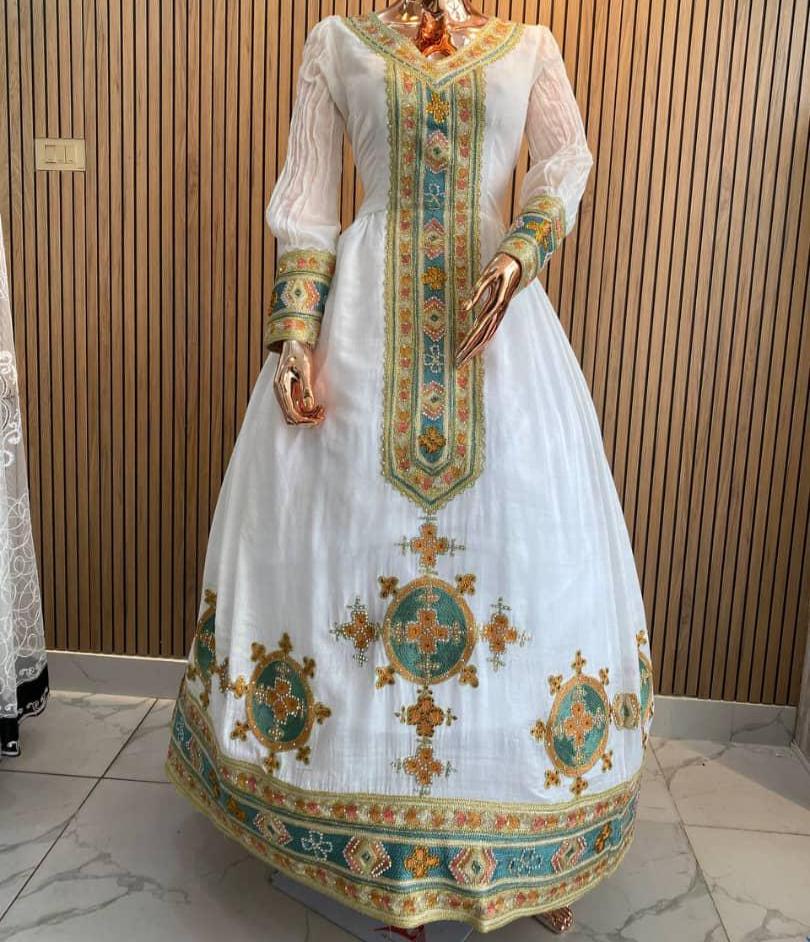 Handmade Habesha Kemis: Ethiopian Wedding Dress with Tibeb Embroidery