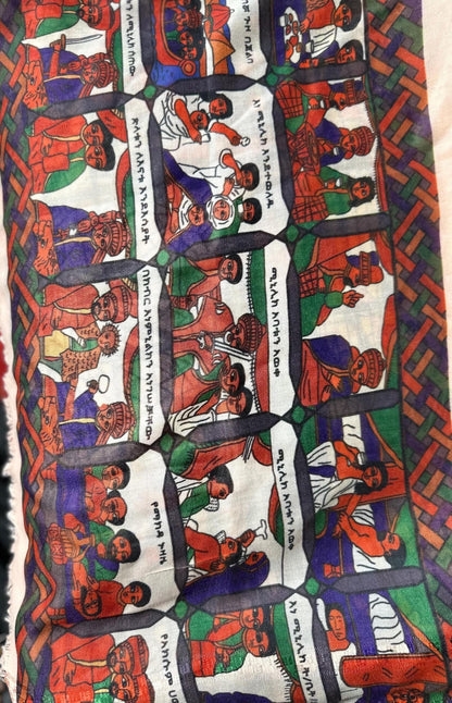 Ethiopian Art Scarf: Habesha Style Afewerk Tekle Print, Elegant Cotton Fashion for Women, Traditional Cultural Outfit, Celebration Accessory