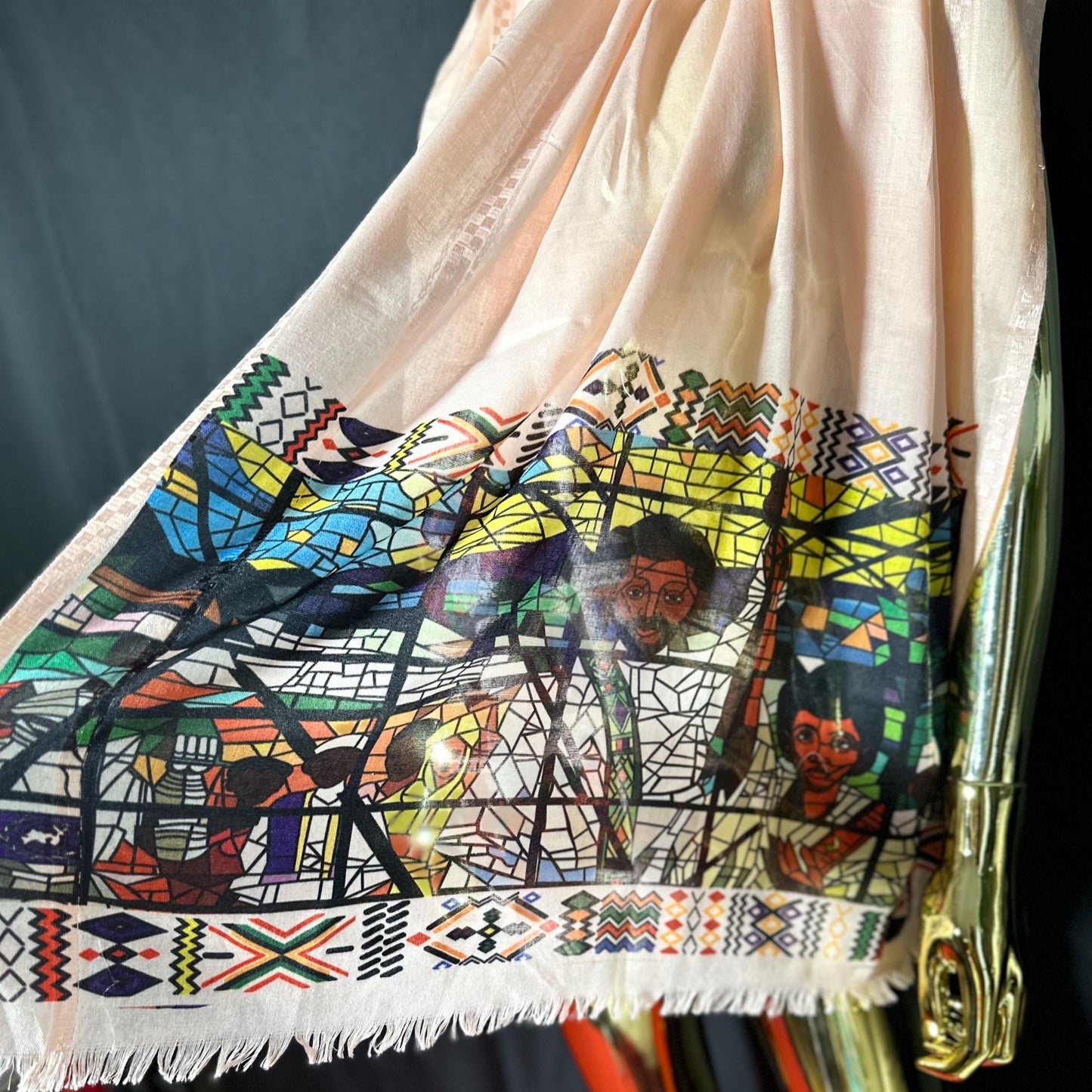 Ethiopian Art Scarf: Habesha Style Afewerk Tekle Print, Elegant Cotton Fashion for Women, Traditional Cultural Outfit, Celebration Accessory