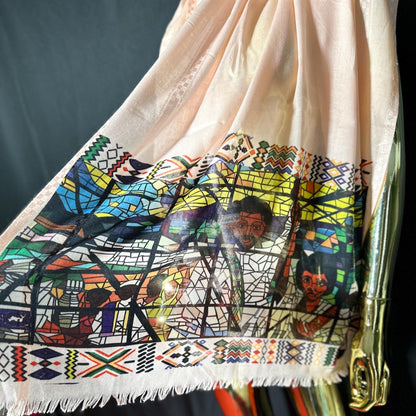 Ethiopian Art Scarf: Habesha Style Afewerk Tekle Print, Elegant Cotton Fashion for Women, Traditional Cultural Outfit, Celebration Accessory