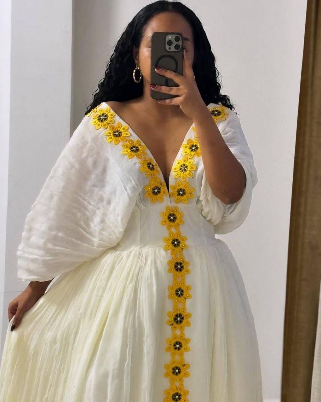Handmade Yellow Zuria Habesha Kemis: Elegant Ethiopian Wedding Attire, Embroidered Cotton, Women’s Traditional Outfit, Holiday Fashion Dress