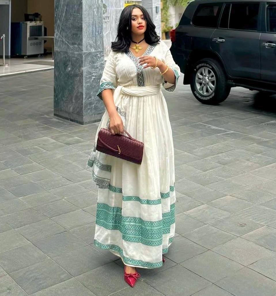 Handmade Light Green Habesha Kemis: Ethiopian Traditional Outfit, Intricate Embroidery, Elegant Women’s Attire for Wedding, Ye Holiday Dress
