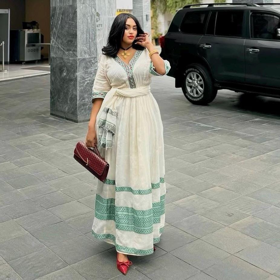 Handmade Light Green Habesha Kemis: Ethiopian Traditional Outfit, Intricate Embroidery, Elegant Women’s Attire for Wedding, Ye Holiday Dress