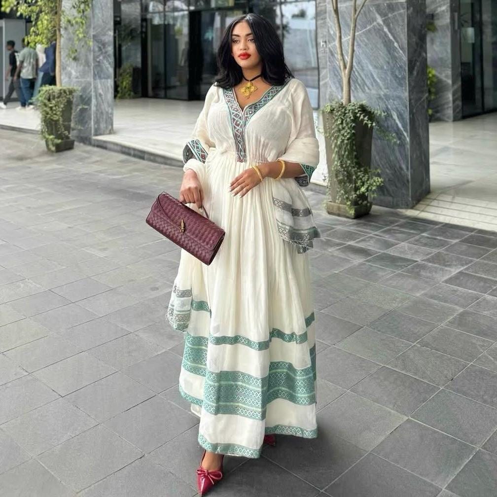 Handmade Light Green Habesha Kemis: Ethiopian Traditional Outfit, Intricate Embroidery, Elegant Women’s Attire for Wedding, Ye Holiday Dress