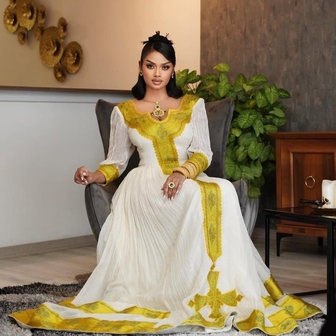 Handmade Gold Zuria Habesha Kemis: Luxury Ethiopian Wedding Attire, Elegant Women’s Traditional Outfit, Cultural Wear, Timeless Dress Style