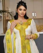 Handmade Gold Zuria Habesha Kemis: Luxury Ethiopian Wedding Attire, Elegant Women’s Traditional Outfit, Cultural Wear, Timeless Dress Style