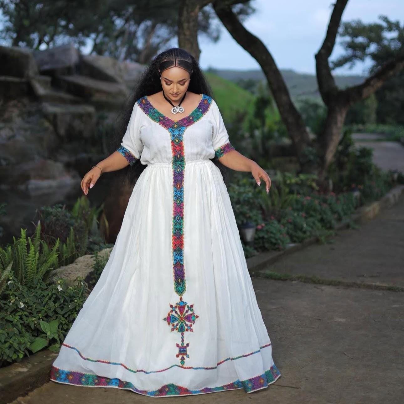 Handmade Zuria Habesha Kemis: Ethiopian Wedding Dress with Tibeb Embroidery, Traditional Women’s Cultural Attire, Modern Ethiopian Fashion