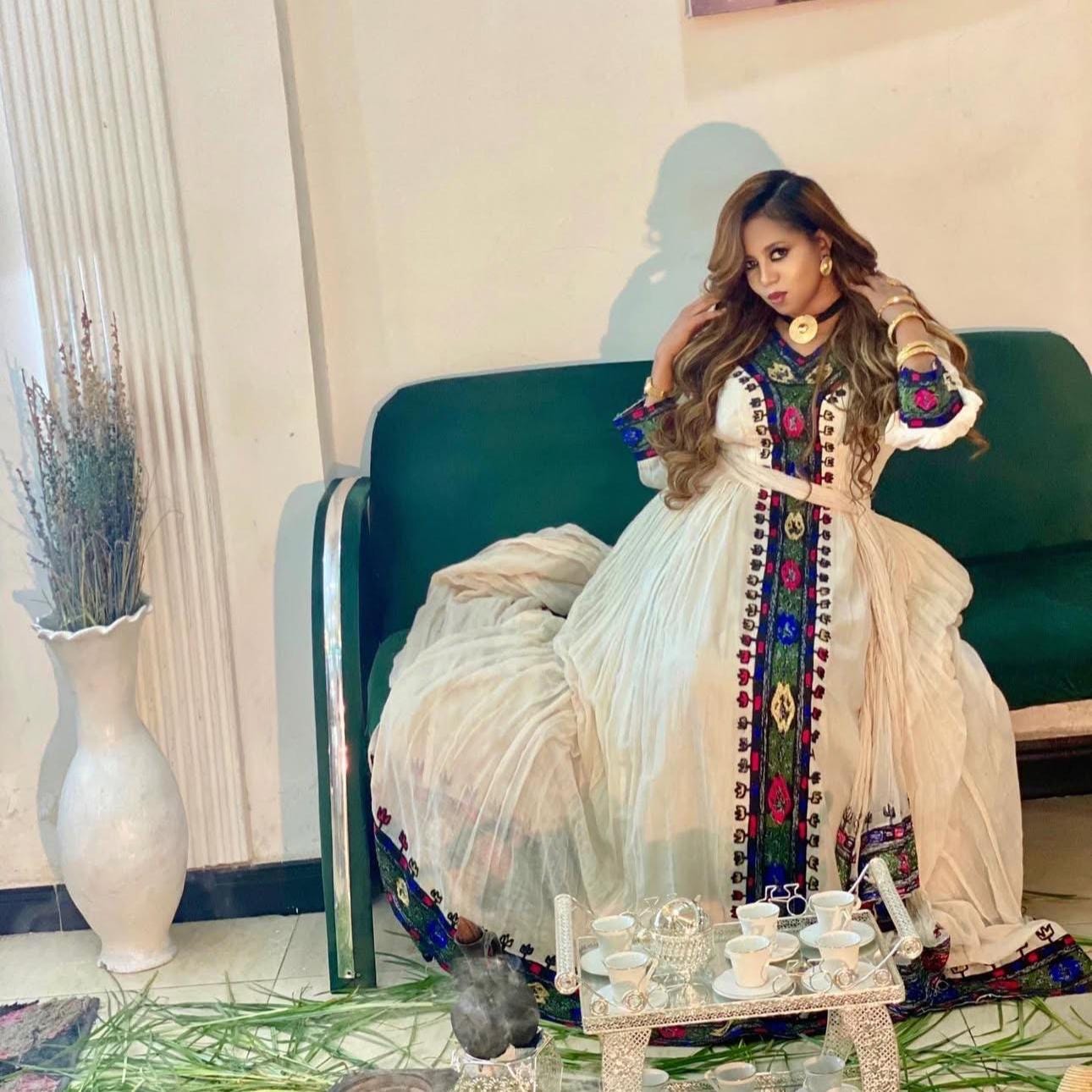 Habesha Kemis, Ethiopian Wedding Cultural Celebration Dress, with Tibeb Embroidery, Women’s Traditional Outfit