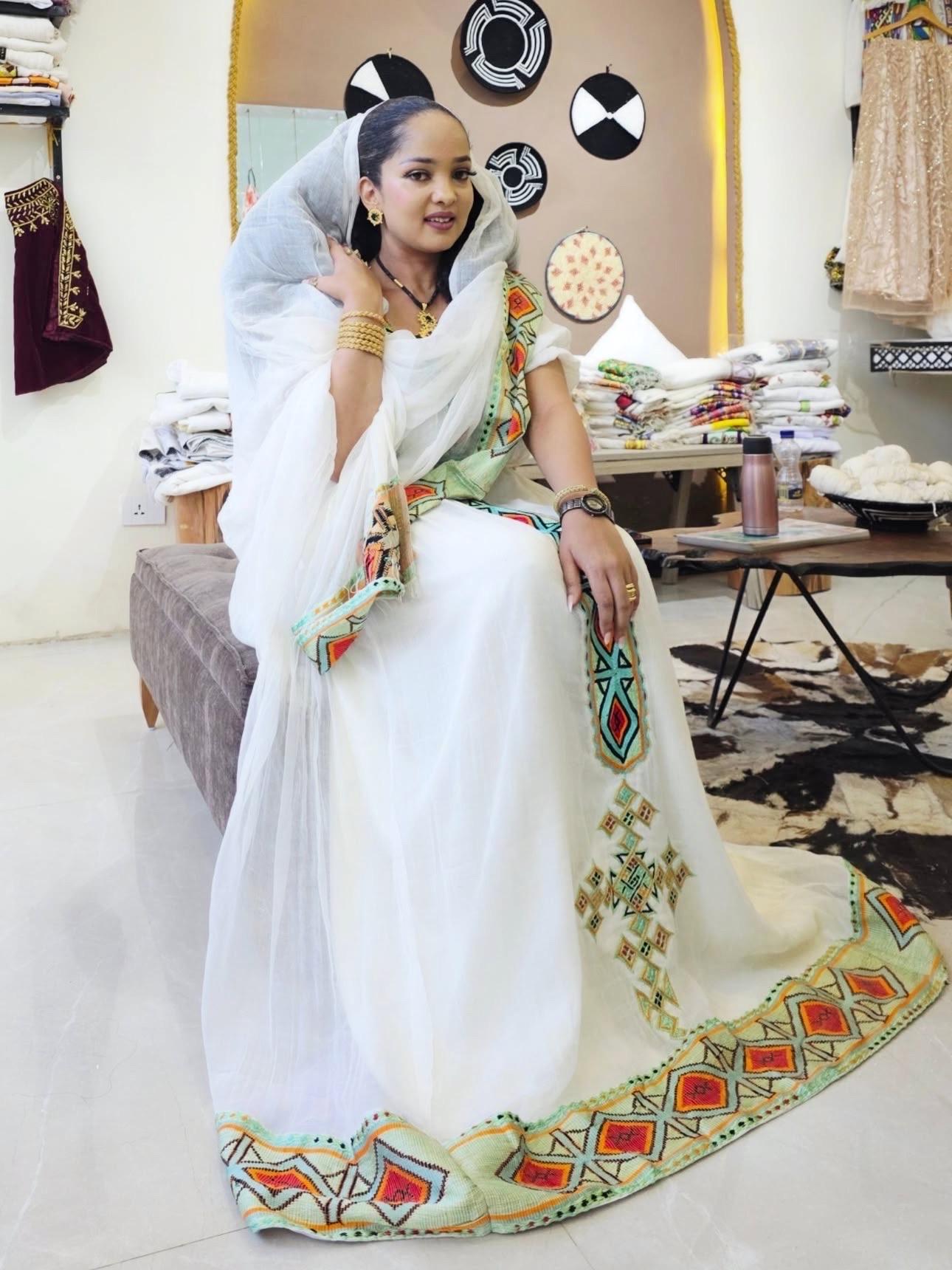 Handmade Zuria Habesha Kemis, Traditional Ethiopian Outfit, Tibeb Embroidery, Eritrean Women’s Cultural Dress