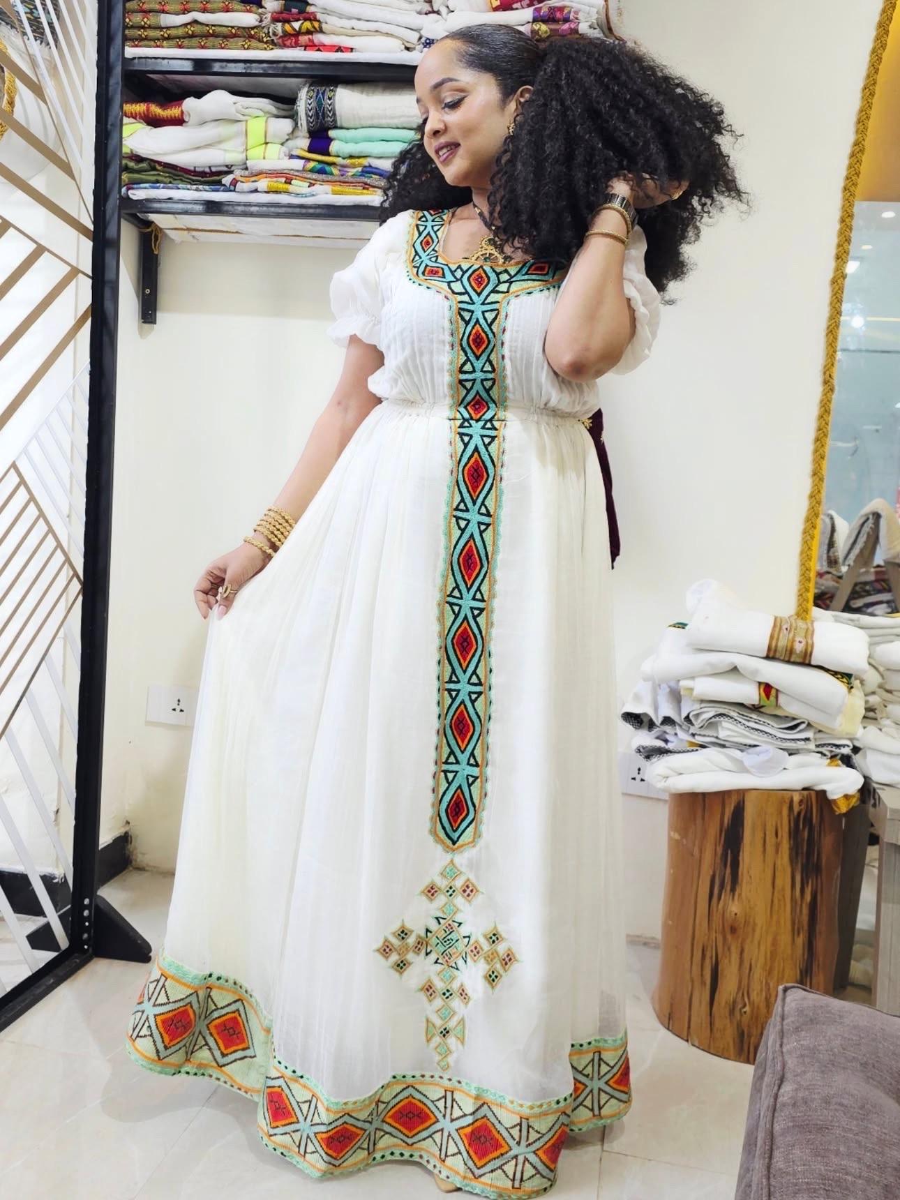 Handmade Zuria Habesha Kemis, Traditional Ethiopian Outfit, Tibeb Embroidery, Eritrean Women’s Cultural Dress