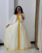 Handmade Yellow Zuria Habesha Kemis: Elegant Ethiopian Wedding Attire, Embroidered Cotton, Women’s Traditional Outfit, Holiday Fashion Dress