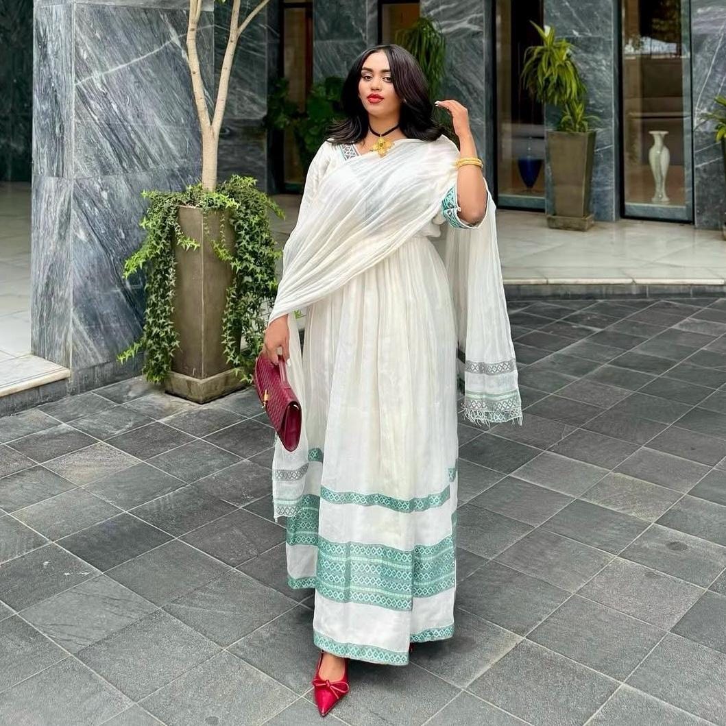 Handmade Light Green Habesha Kemis: Ethiopian Traditional Outfit, Intricate Embroidery, Elegant Women’s Attire for Wedding, Ye Holiday Dress