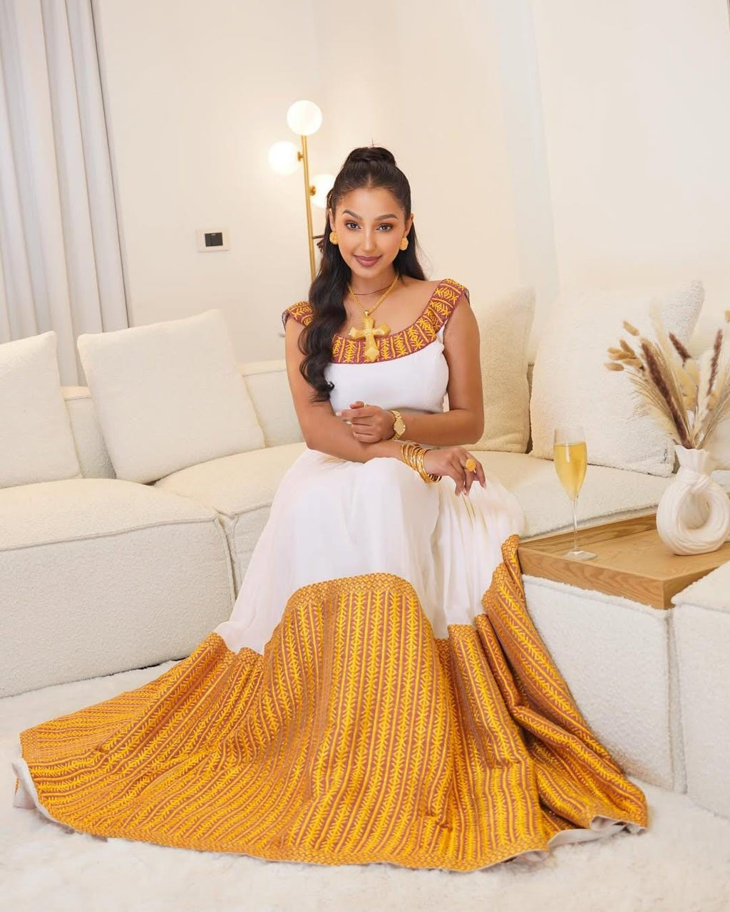 Handmade Yellow Gold Zuria Habesha Kemis: Modern Ethiopian Cultural Clothing, Elegant Women’s Attire, Traditional Wedding, New Holiday Dress