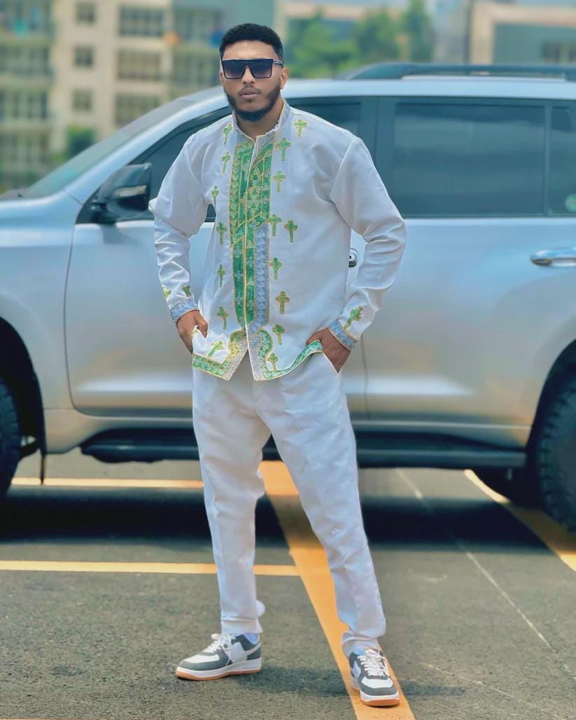 Luxury Green Habesha Men’s Shirt | Handcrafted Ethiopian Traditional Clothing| Elegant Embroidered Wedding Attire| New Saba Tilf Design Gift
