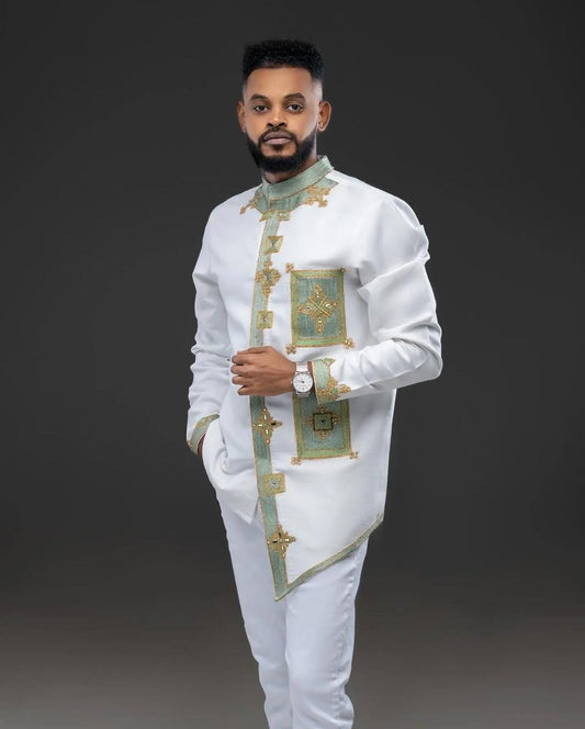 Green Habesha Men’s Outfit| Modern Ethiopian Men's Shirt| Tilf Embroidery| Eritrean Men's Style Clothing, New  Habesha Cultural Wear For Men