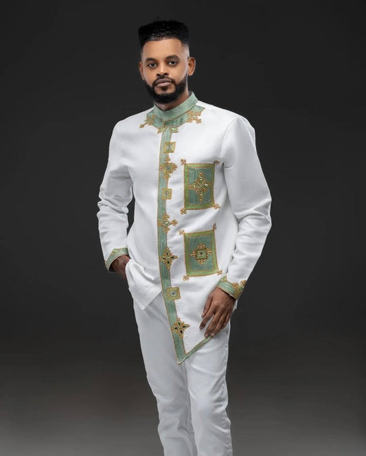 Green Habesha Men’s Outfit| Modern Ethiopian Men's Shirt| Tilf Embroidery| Eritrean Men's Style Clothing, New  Habesha Cultural Wear For Men