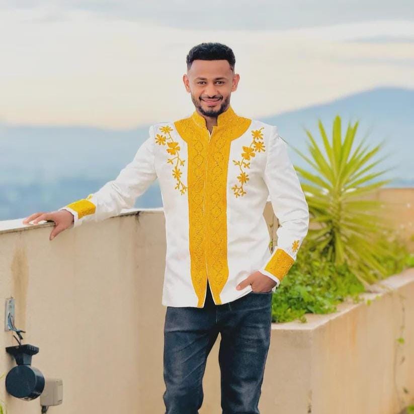 ETHIOPIAN MEN'S TOP|  Ethiopia Men Attire| Traditional Habesha Men Shirt | Modern Habesha Men's Shirt| Yellow Embroidery Handcrafted Outfit