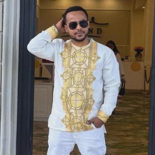 Ethiopian Men’s Traditional Shirt | Handmade Habesha Embroidered Clothing in Gold & Yellow, Modern Cultural Attire, Wedding Gift, Saba Tilf