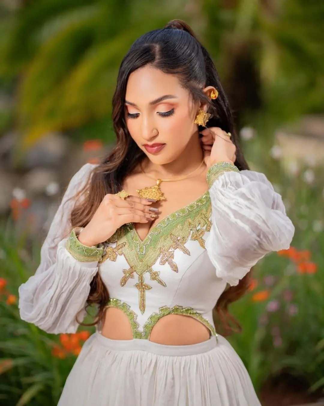 Grass Green Ethiopian Cultural Dress: Handmade Zuria Habesha Tibeb, New Tilet Kemis, Modern Wedding & Traditional Women's Clothing Gift Sale