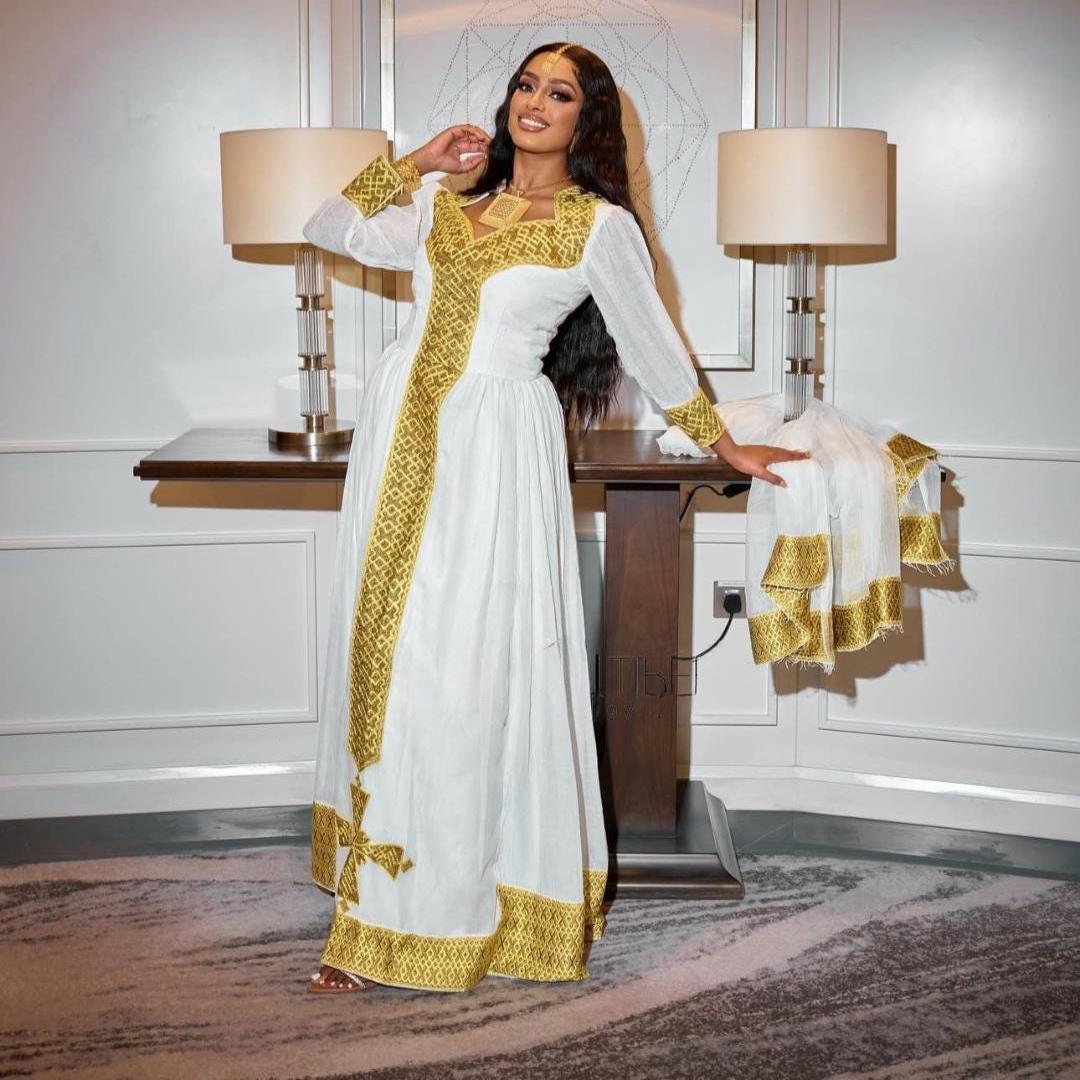 Habesha Kemis, Eritrean Cultural Clothing, Handmade Saba Design, New Ethiopian Traditional Gift Attire, Ethiopian Gold Zuria Dress for Women
