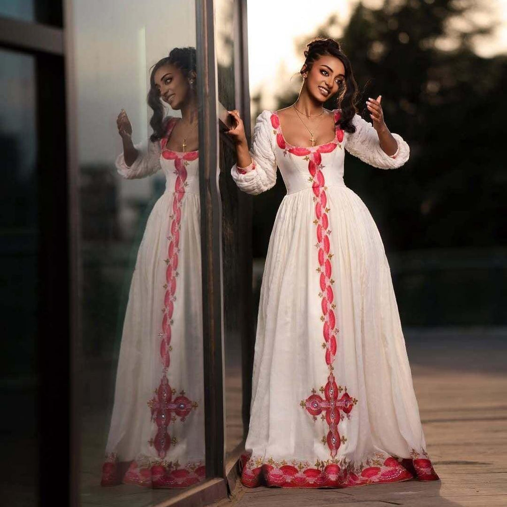 Handmade Pink Ethiopian Dress: Modern Zuria Habesha Kemis, Elegant Cultural Attire, Luxury Holiday Women’s Outfit, Traditional Wedding Wear