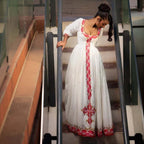 Handmade Pink Ethiopian Dress: Modern Zuria Habesha Kemis, Elegant Cultural Attire, Luxury Holiday Women’s Outfit, Traditional Wedding Wear