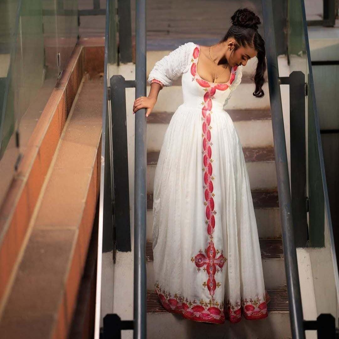 Handmade Pink Ethiopian Dress: Modern Zuria Habesha Kemis, Elegant Cultural Attire, Luxury Holiday Women’s Outfit, Traditional Wedding Wear