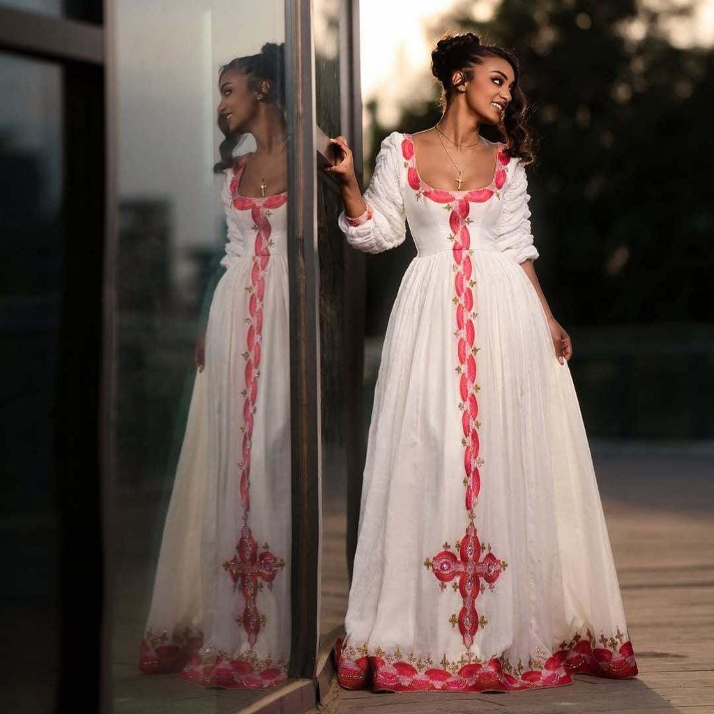 Handmade Pink Ethiopian Dress: Modern Zuria Habesha Kemis, Elegant Cultural Attire, Luxury Holiday Women’s Outfit, Traditional Wedding Wear