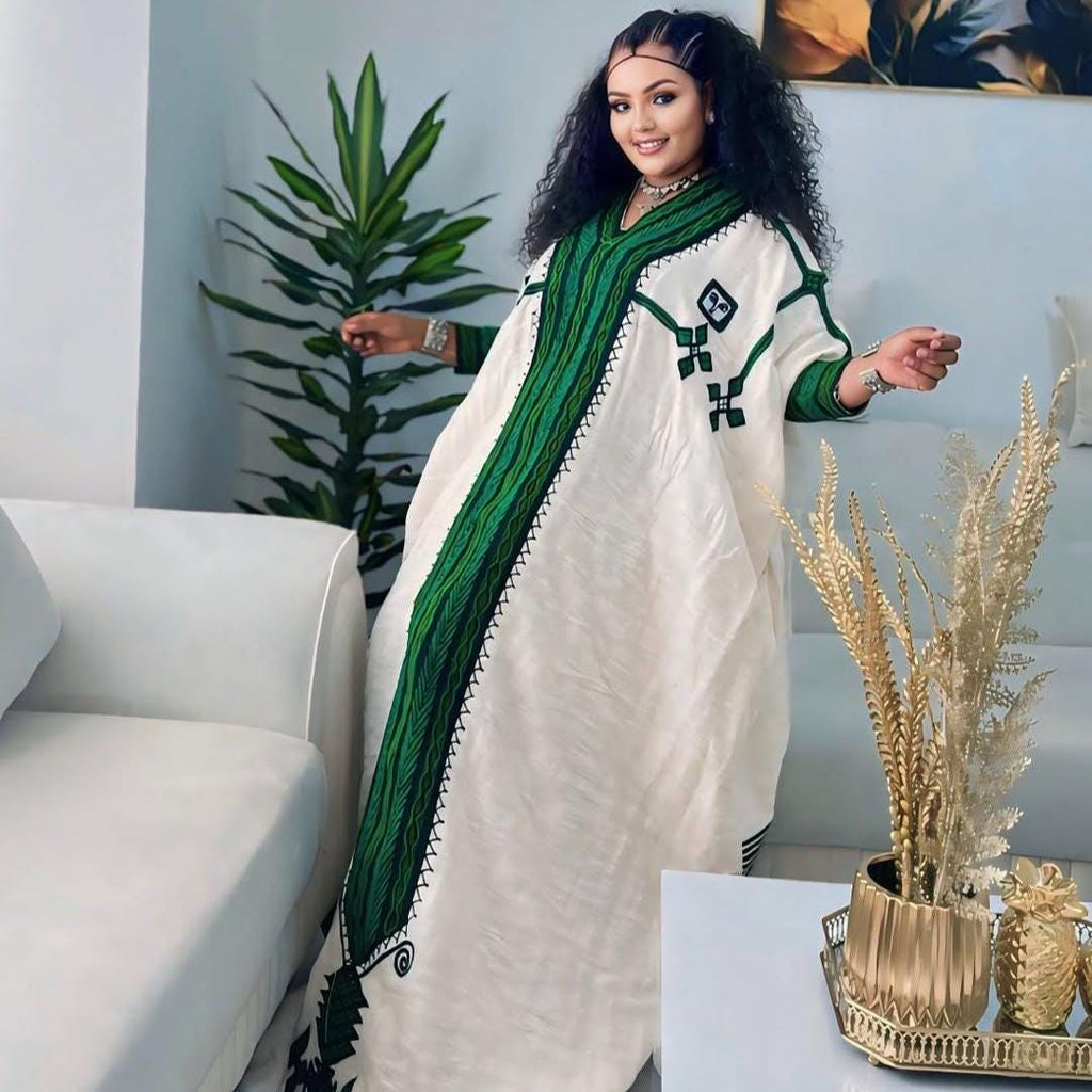 New Green Habesha Kemis: Tibeb Dress, Eritrean Custom-Made Women’s Traditional Clothing for Weddings, Ethiopian Cultural Dress, Habesha Lbs