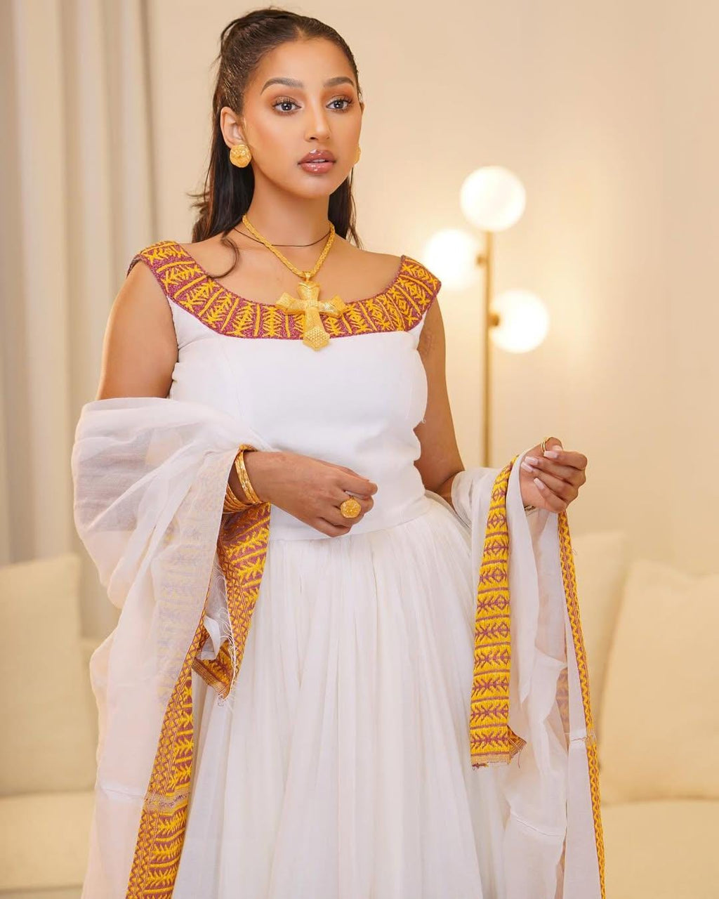 Handmade Yellow Gold Zuria Habesha Kemis: Modern Ethiopian Cultural Clothing, Elegant Women’s Attire, Traditional Wedding, New Holiday Dress
