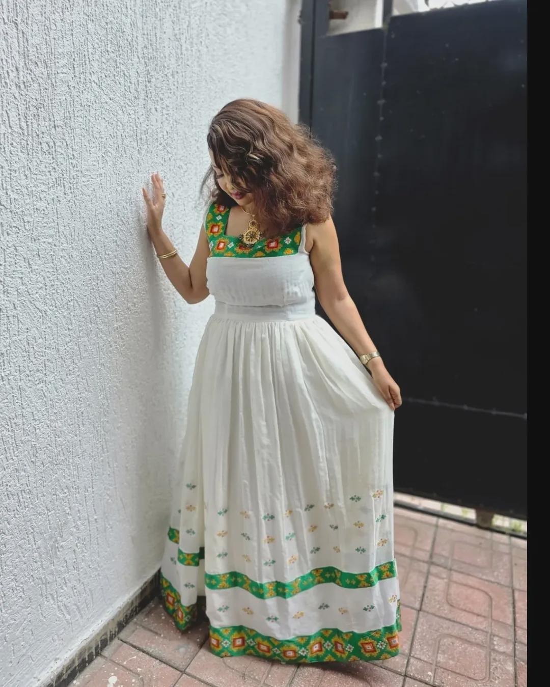 Handwoven Green Zuria Kemis | Saba Menen Habesha Dress | Ethiopian & Eritrean Traditional Women’s Clothing, Ye Habesha Wedding Attire, Tibeb