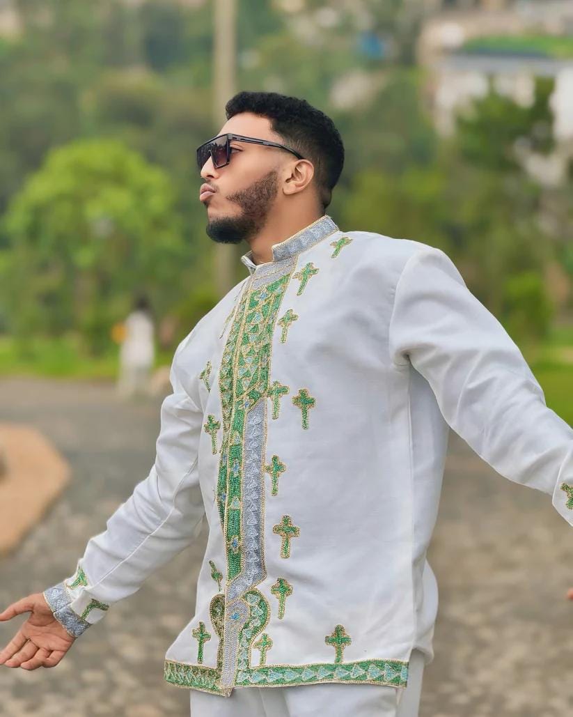 Luxury Green Habesha Men’s Shirt | Handcrafted Ethiopian Traditional Clothing| Elegant Embroidered Wedding Attire| New Saba Tilf Design Gift