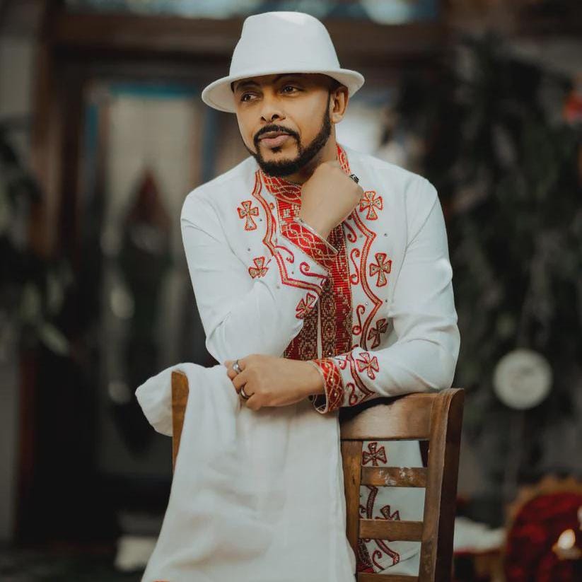 Red Embroidered Habesha Men’s Shirt| Handcrafted Ethiopian Men Fashion| Traditional Wedding Outfit| Elegant Saba Tilf Design, Habesha Gift