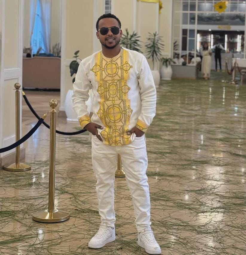 Ethiopian Men’s Traditional Shirt | Handmade Habesha Embroidered Clothing in Gold & Yellow, Modern Cultural Attire, Wedding Gift, Saba Tilf