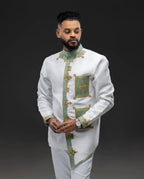 Green Habesha Men’s Outfit| Modern Ethiopian Men's Shirt| Tilf Embroidery| Eritrean Men's Style Clothing, New  Habesha Cultural Wear For Men