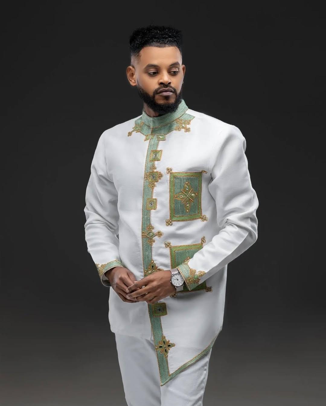 Green Habesha Men’s Outfit| Modern Ethiopian Men's Shirt| Tilf Embroidery| Eritrean Men's Style Clothing, New  Habesha Cultural Wear For Men