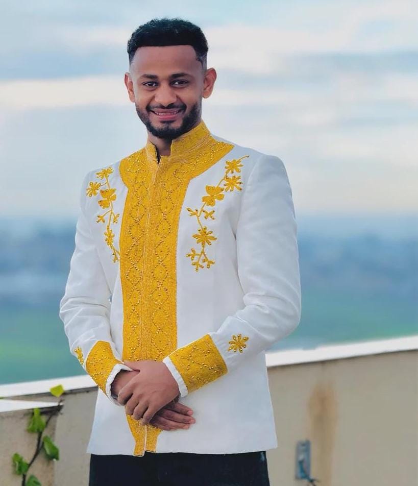 ETHIOPIAN MEN'S TOP|  Ethiopia Men Attire| Traditional Habesha Men Shirt | Modern Habesha Men's Shirt| Yellow Embroidery Handcrafted Outfit