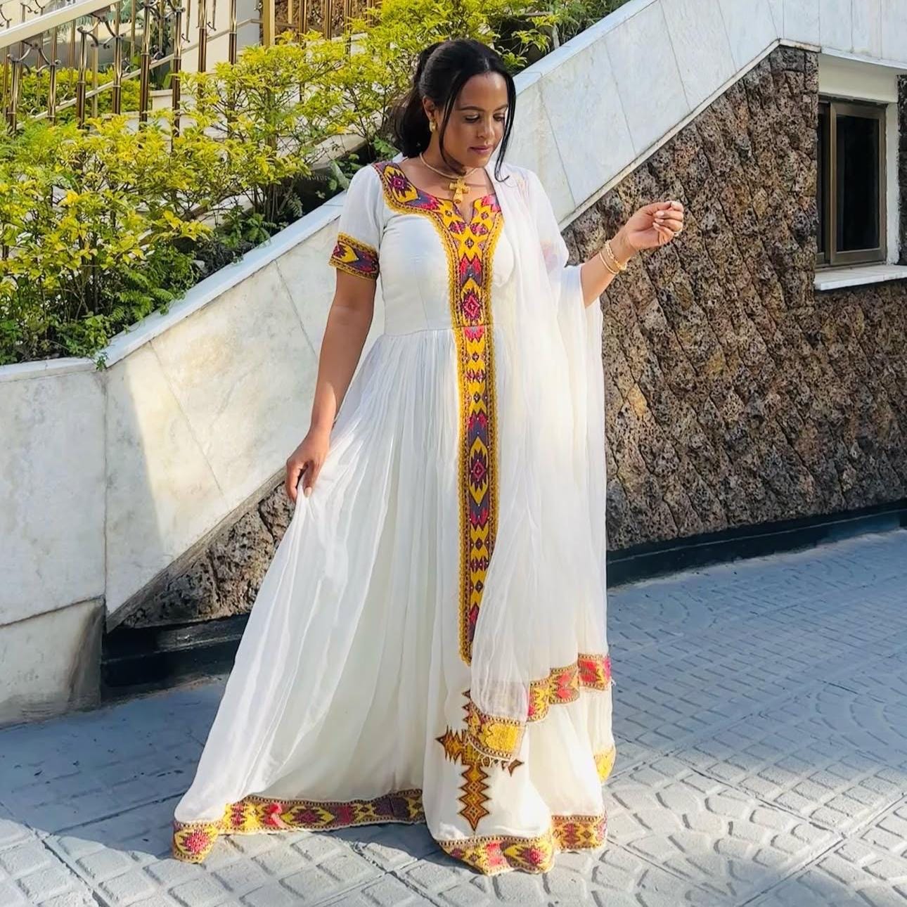 Habesha Dress, For Women, Ethiopian People Party Kemis, Habesha Cloth Design Gifts, Eritrea Apparel, |Cultural, Tibeb, Traditional New Tilet