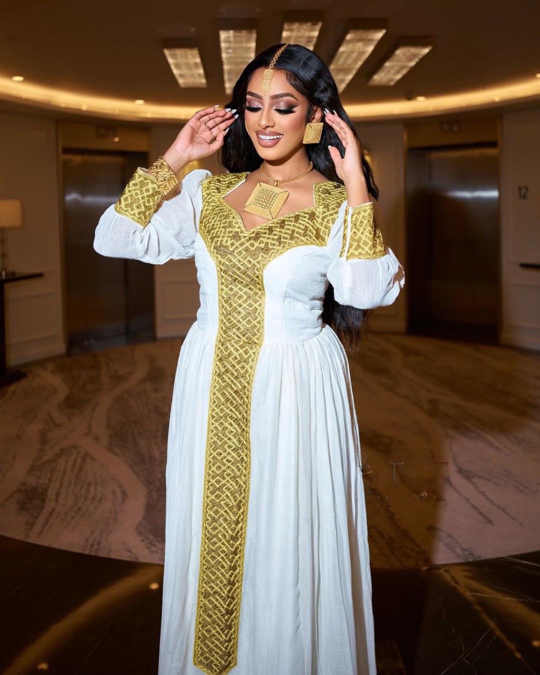 Habesha Kemis, Eritrean Cultural Clothing, Handmade Saba Design, New Ethiopian Traditional Gift Attire, Ethiopian Gold Zuria Dress for Women