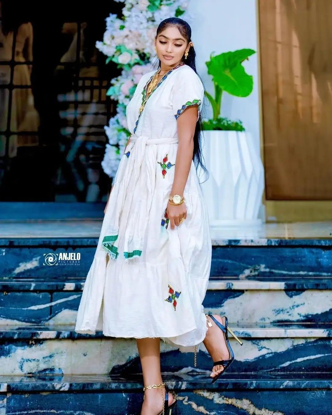 New Ethiopian Dress for Women: Handwoven Fetil Fabric, Modern Design Gift, Traditional Kemis for Cultural Events