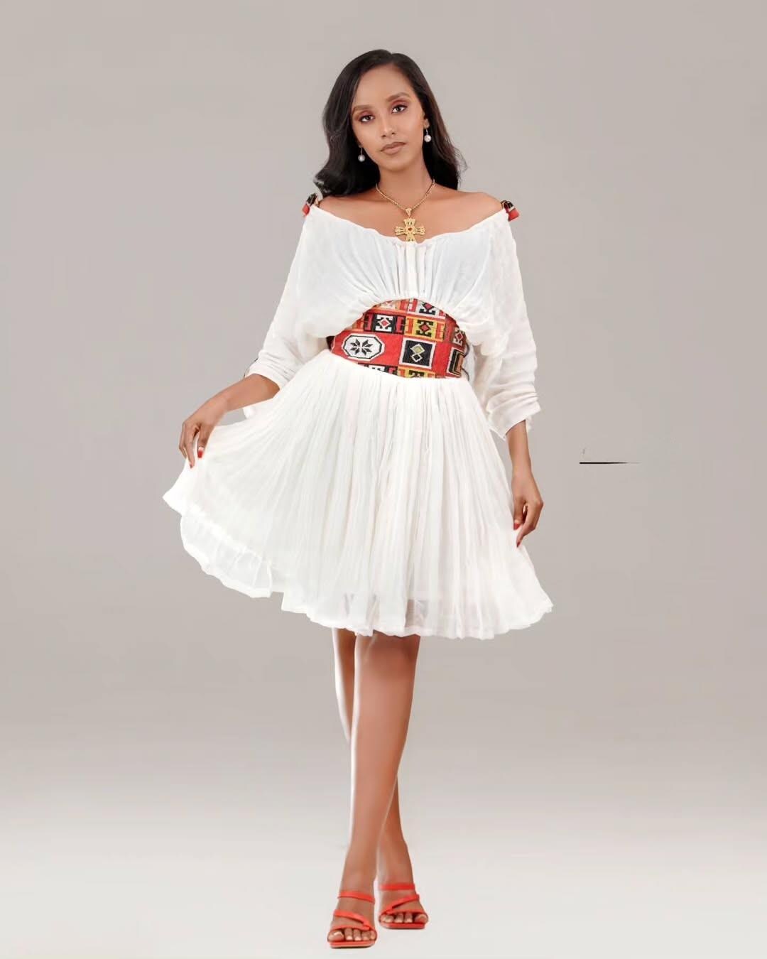 Red Tilet Short Habesha Dress for Women, New Lightweight Summer Ethiopian Dress, Modern Eritrean Handwoven Kemis